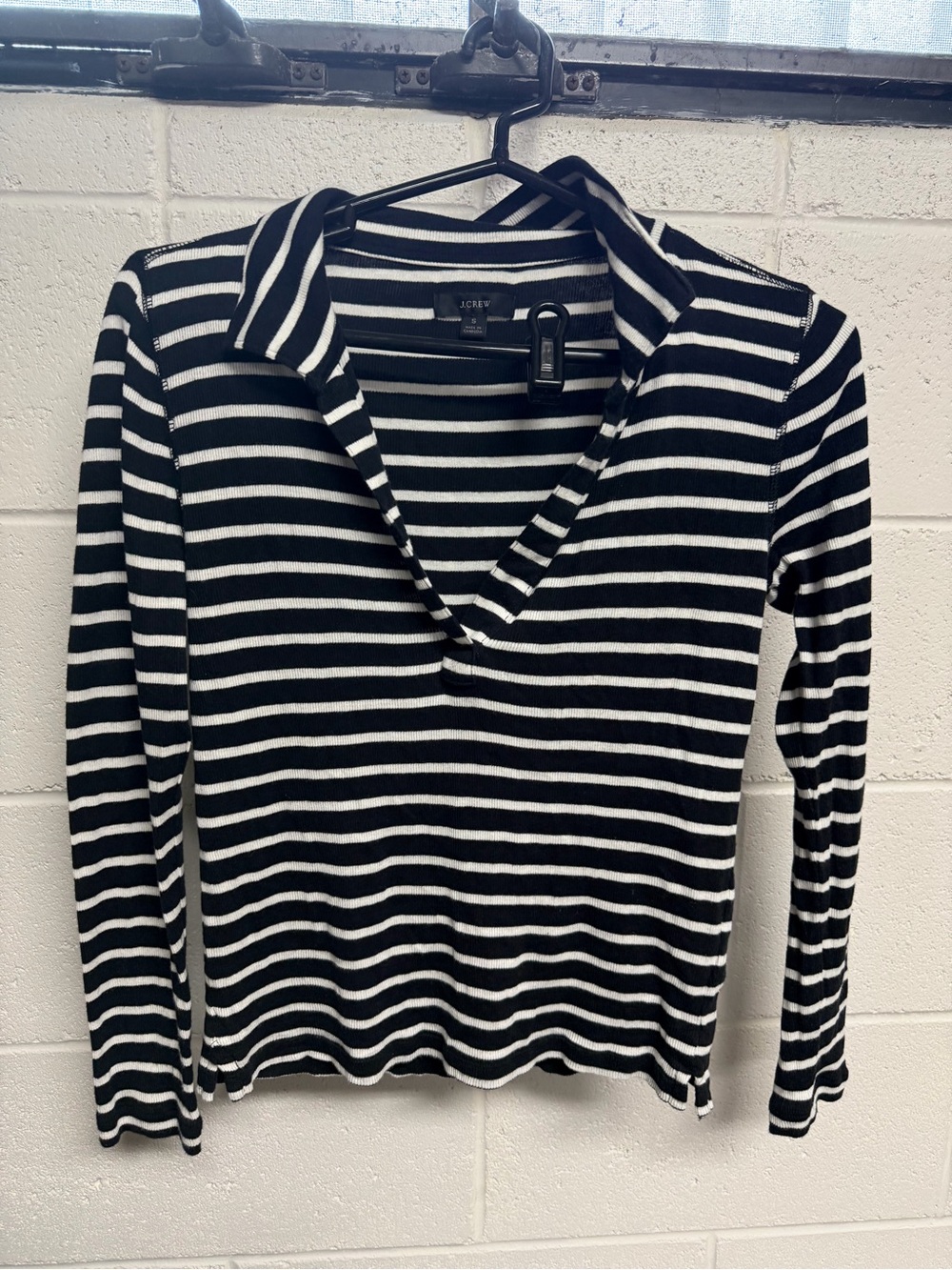 J. Crew Black White Stripe Long-Sleeve Polo Small Business Casual Minimalist